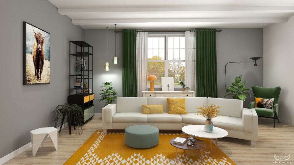 grey living room with yellow and green