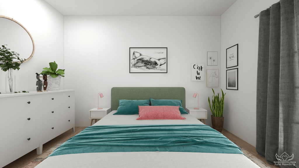 Scandinavian style bedroom - pink and green