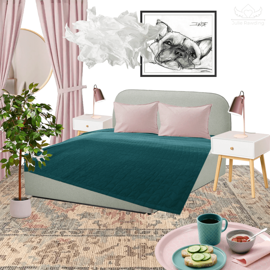  mood board bedroonm green and pink