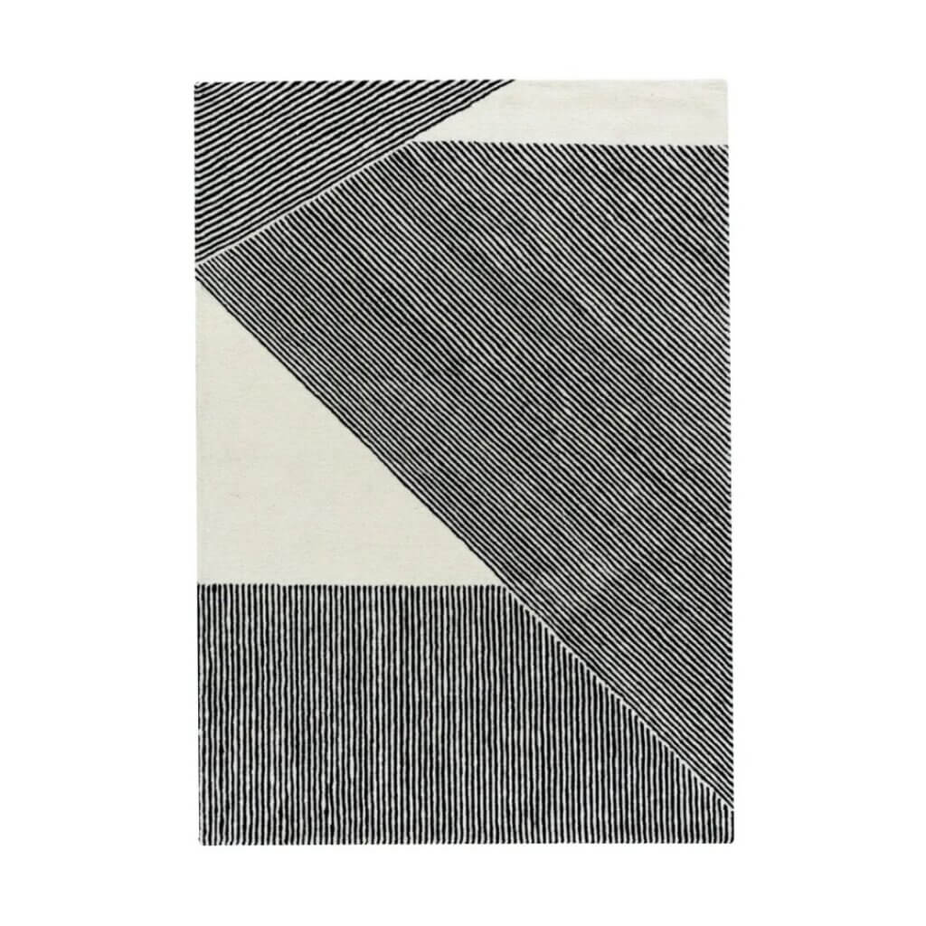 living room with grey - stripes wool rug